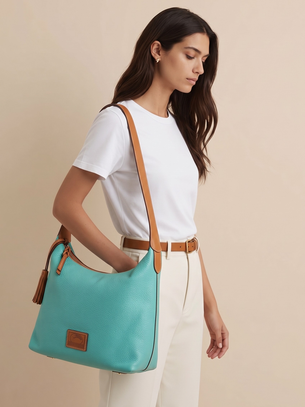 Dooney & Bourke Paige Sac Hobo Bag Green Pebbled Leather Tan Trim